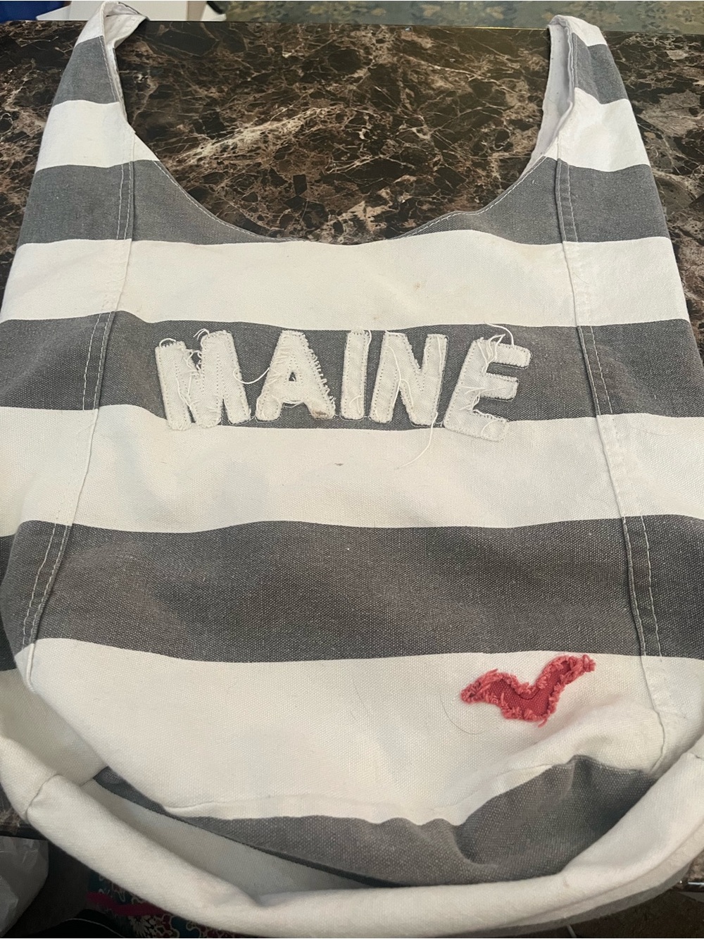 Hollister Striped 'MAINE' Canvas Tote Bag in Gray and White euc